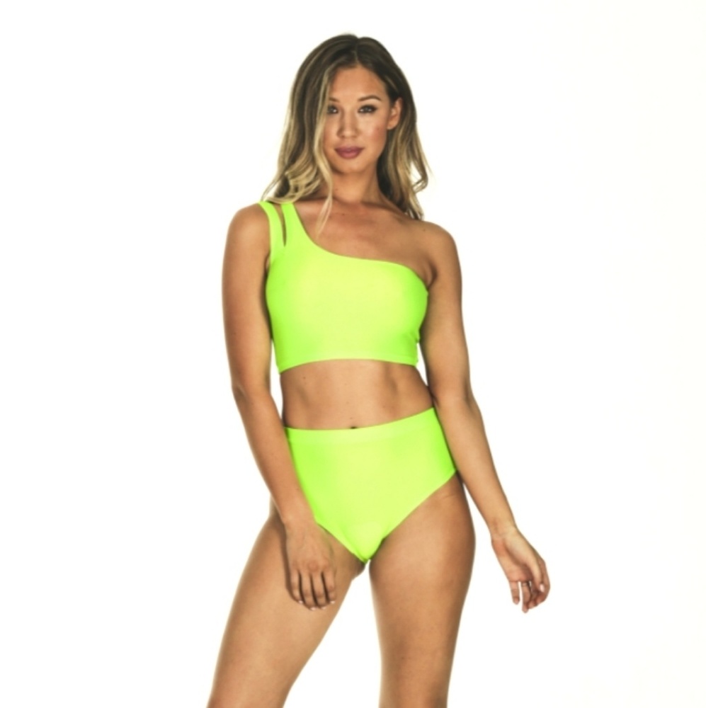 Neon Green Asymmetric Bikini Set with High waist